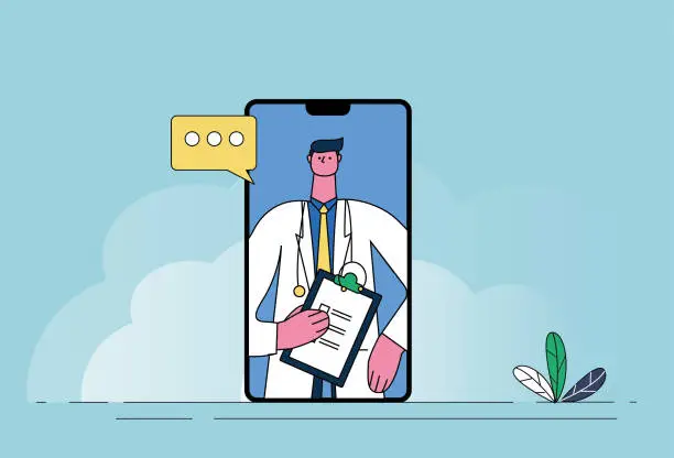 Vector illustration of A male doctor sees a doctor through video on his mobile phone, providing remote video medical treatment.