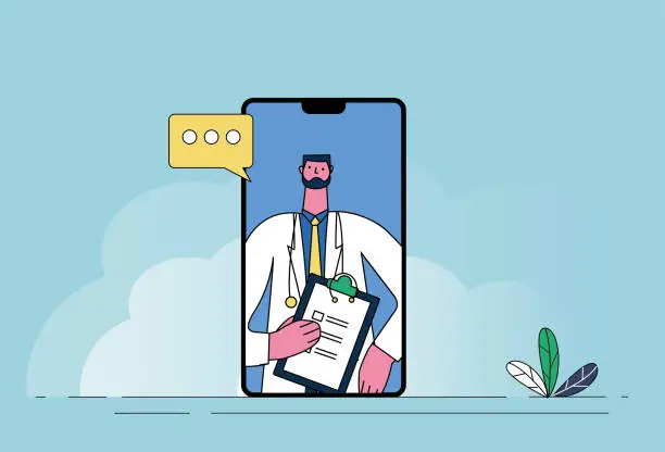 Vector illustration of A bearded male doctor sees a doctor through video on his mobile phone, providing remote video medical treatment.