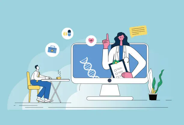 Vector illustration of Man consults female doctor on computer, remote video medical treatment.
