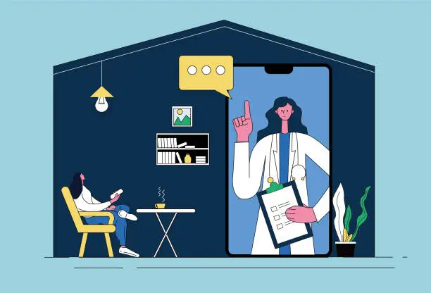 Vector illustration of A lady consults a female doctor on her mobile phone at home, remote video medical treatment.