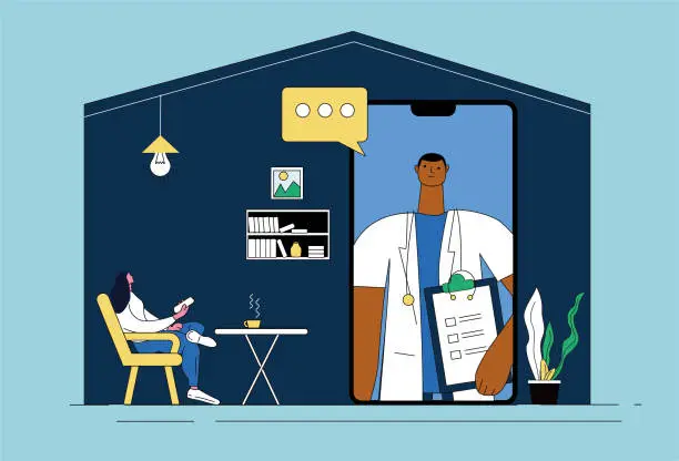 Vector illustration of A woman consults a male doctor on her mobile phone at home, using remote video medical treatment.