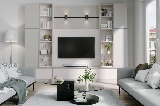 istock Modern Living Room Interior With Television Set, White Cabinet, Sofas And Coffee Table 1908627282