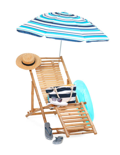 istock Deck chair, umbrella and other beach accessories isolated on white 1908630846