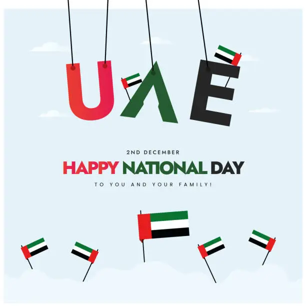 Vector illustration of UAE National day 2nd December celebration banner. Happy UAE national day to you and your family. UAE national day social media post and banner with hanging letters U, A,E.