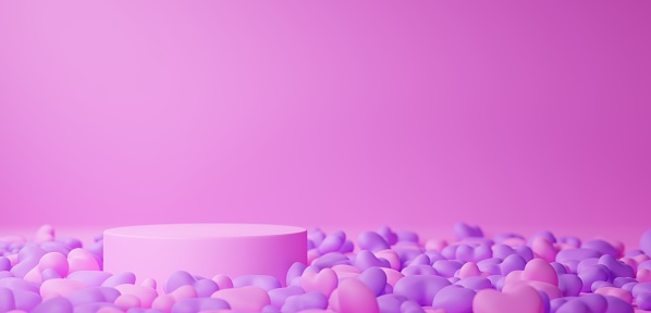 3D Illustration.Pink background with multiple pink and purple hearts and pedestals. Background material. Copy space. (horizontal)