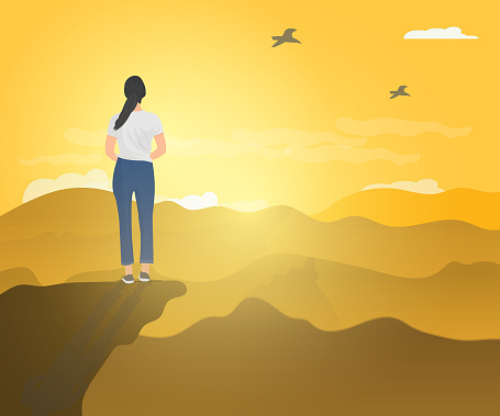 Young woman standing on cliff looking at sunrise happily, concept of freedom, happiness image.Vector illustration.