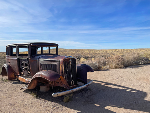 1932 Studebaker, an exhibit on a pull out along the Petrified Forest National Park, located on the historic Route 66. Taken on December 3, 2023.