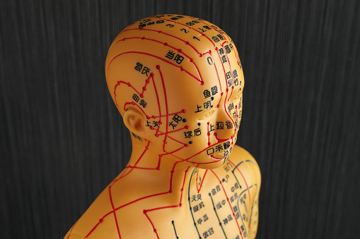 Acupuncture model. Mannequin with dots and lines on black background