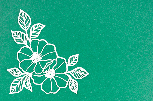 Carve of white paper leaves on a green colour cardboard background, position with copy space.