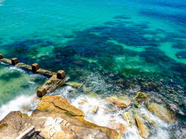 Powerful white swirling waves (blurred motion) crashing into rocky coastline. Public recreational rockpool to left. Ocean water showing tropical blue and green colors of the shallow floor.