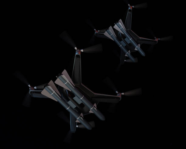 istock Two Military Combat Drones equipped  with missiles flying in the night sky 1908696725