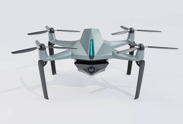 istock Front view of military drone equipped  with surveillance camera parking on the ground 1908697239