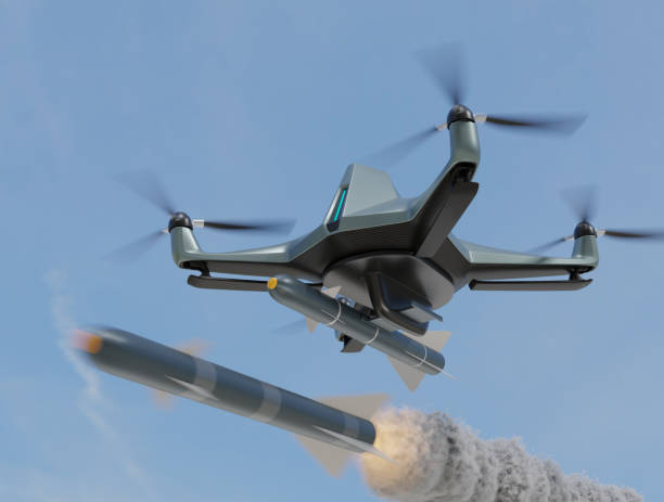 istock Military Combat Drone UAV launching missile in the sky 1908697749