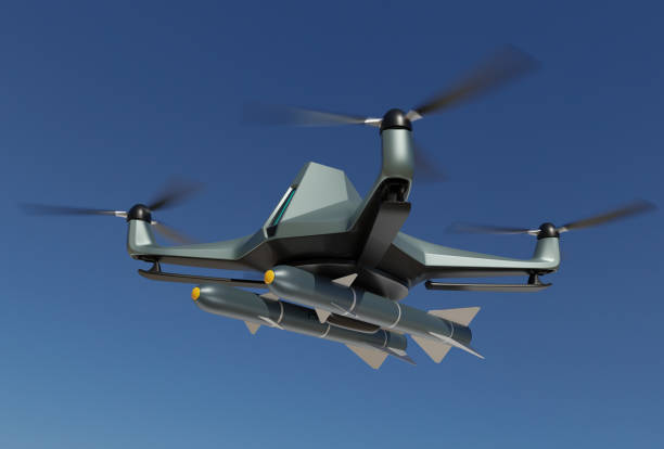 istock Military Combat Drone equipped  with missiles flying in the sky 1908697764