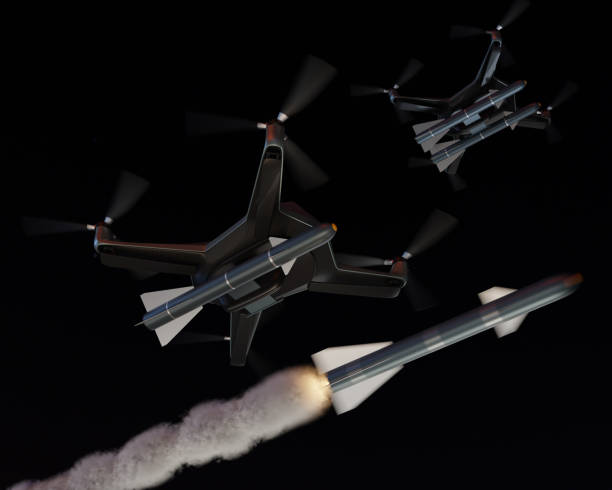 istock Military Combat Drone UAV launching missile in the night sky 1908697770