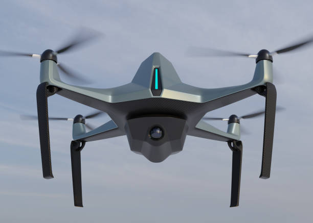 istock Front view of military drone equipped  with surveillance camera flying in the sky 1908698288