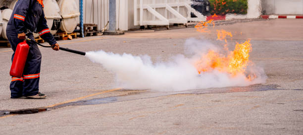istock Fire training and drills for factory workers, for fire protection and safety. 1908698290