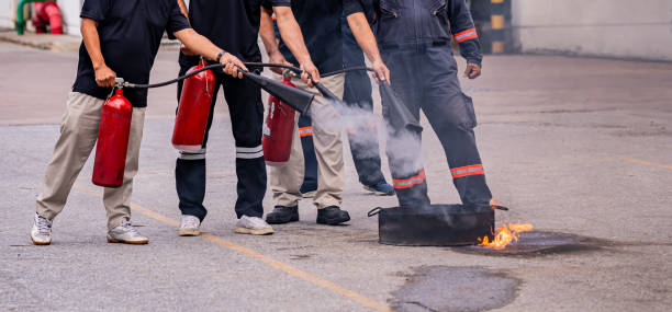 Fire training and drills for factory workers, for fire protection and safety.