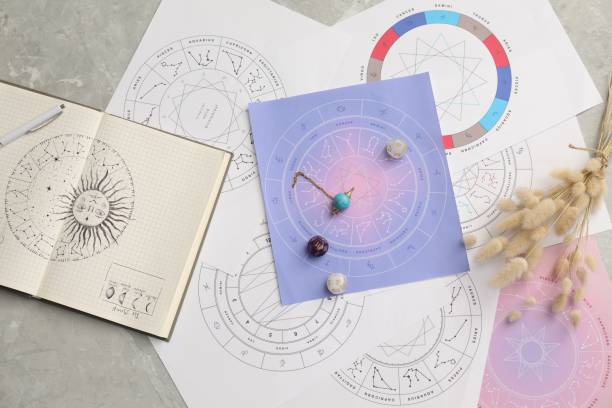 istock Natal chart for making forecast of fate and astrological items for fortune telling on light grey marble table, flat lay 1908756799