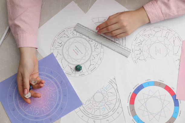istock Astrologer using dices for fate forecast at table, top view. Fortune telling 1908758344