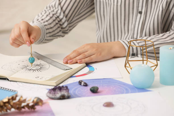 istock Astrologer using zodiac wheel and pendulum for fate forecast at table, closeup. Fortune telling 1908758346