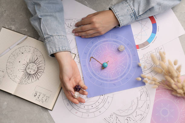 istock Astrologer using dices for fate forecast at table, top view. Fortune telling 1908759403