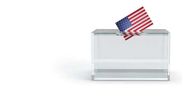 The American Flag envelope is put into the glass ballot box. Large copy space on white background and ballot box. Clipping path.