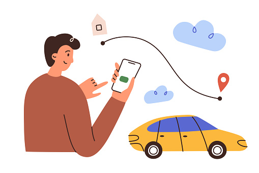 Man requests taxi ride by phone, cab mobile app illustration, hand drawn composition with cartoon person and car, vector icon of smartphone with car sharing service, book transportation for trip, colored clipart on white background