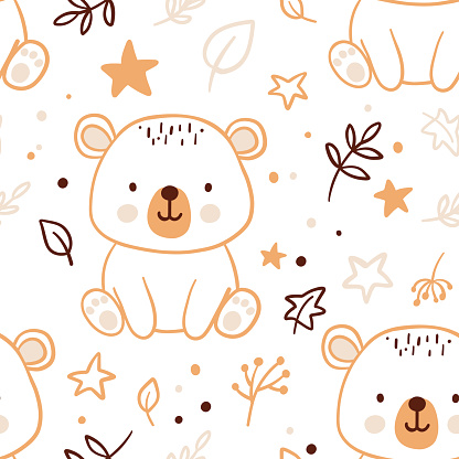 Seamless pattern with cute bear and leaves. Hand drawn line childish repeating background