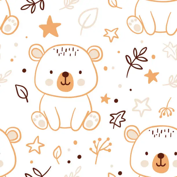 Vector illustration of Seamless pattern with cute bear and leaves. Hand drawn childish repeating background