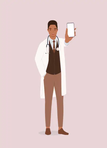 Vector illustration of Black Male Doctor Showing His Cellphone With Blank Empty Screen.