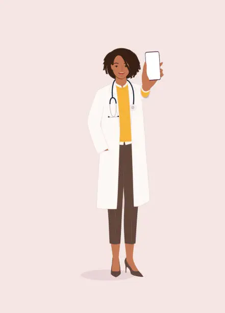 Vector illustration of Black Female Doctor Showing Her Cellphone With Blank Empty Screen.