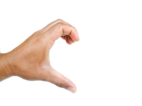 Male hands making half heart sign, Valentine's Day isolated on white background.