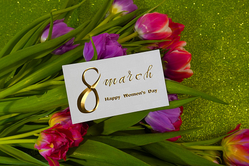 International Women's Day March 8! Flat Lay, banner, greeting card with flowers from March 8.    bouquet of tulips