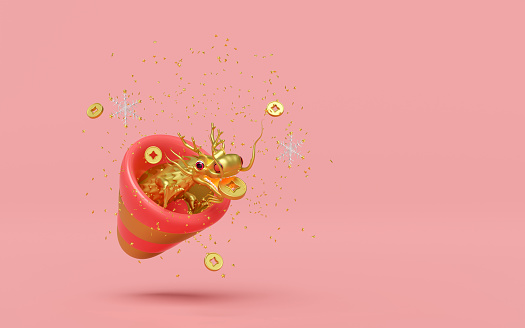3d firecrackers festive with confetti, chinese dragon, gold coins. chinese new year 2024 capricorn. 3d render illustration
