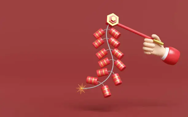 Photo of 3d hand holding hanging firecrackers for chinese new year holiday. 3d render illustration
