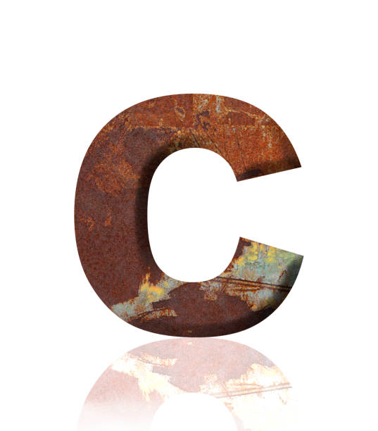Close-up of three-dimensional rusty metal alphabet letter C on white background.