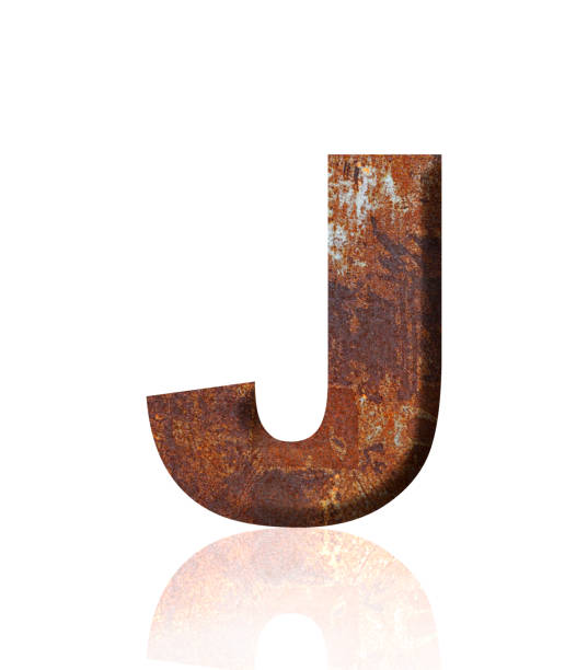 흰색 배경에 3 차원 녹슨 금속 알파벳 문자 j의 고립 된 샷 - letter j alphabet metal three dimensional shape 뉴스 사진 이미지