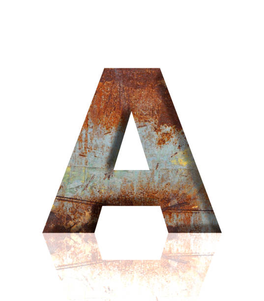 Close-up of three-dimensional rusty metal alphabet letter A on white background.