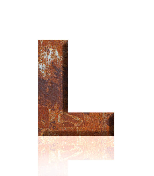 istock Isolated shot of three-dimensional rusty metal alphabet letter L on white background 1908906745