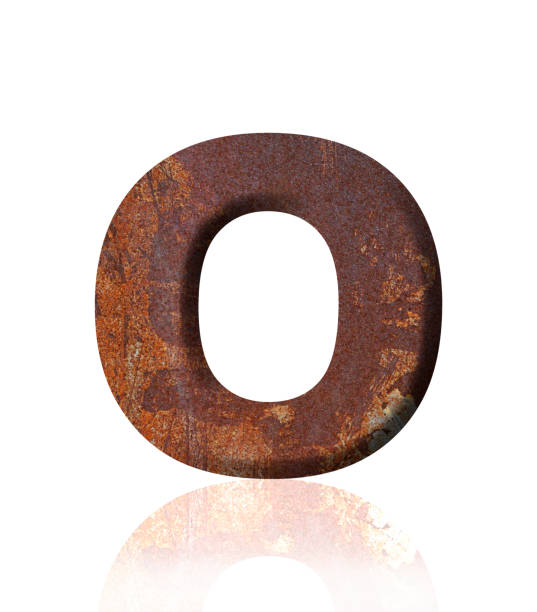 Close-up of three-dimensional rusty metal alphabet letter O on white background.