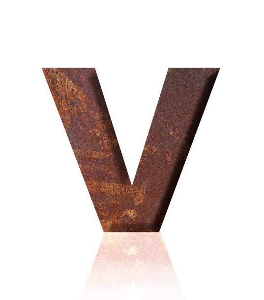 istock Isolated shot of three-dimensional rusty metal alphabet letter V on white background 1908906761