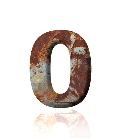 Close-up of three-dimensional rusty metal number Zero on white background.