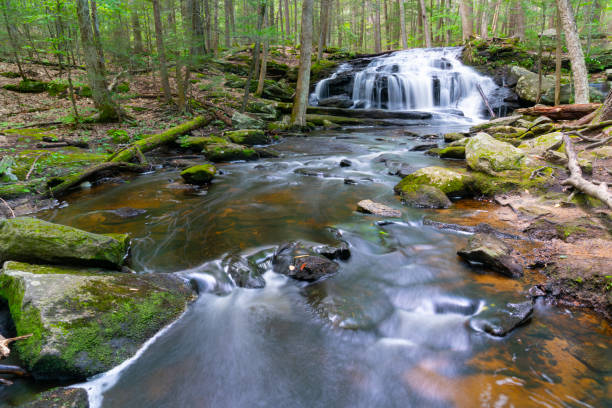 close up on flowing waterfall cascade in the river