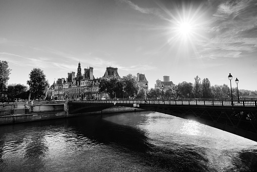 City Hall and Arcole bridge in the 4th arrondissement of Paris city