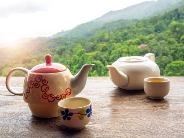 istock Two teapots set. Ceramic teapot with hot tea cups preparing on wooden table on natural green mountain view countryside background with sunlight in the morning. 1908961646