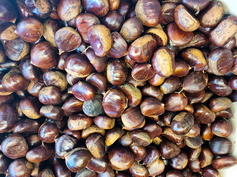 Close up of fresh, hot, grilled ,roasted Chestnuts