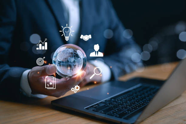 istock Businessman holding globe. Business global internet connection application technology and digital marketing, Financial and banking, Digital link tech, big data. Market solution 1908975913
