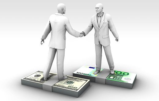 Central bank presidents shaking hands as a result of the monetary agreement between the USA and Europe. Such agreements may also include customs duty agreements between regions. / You can see the animation movie of this image from my iStock video portfolio. Video number: 1904016608