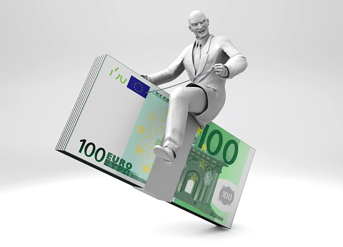 A monetary policymaker trying to rein in an overheating economy by sitting on a 100 Euro bill. / You can see the animation movie of this image from my iStock video portfolio. Video number: 1905150875